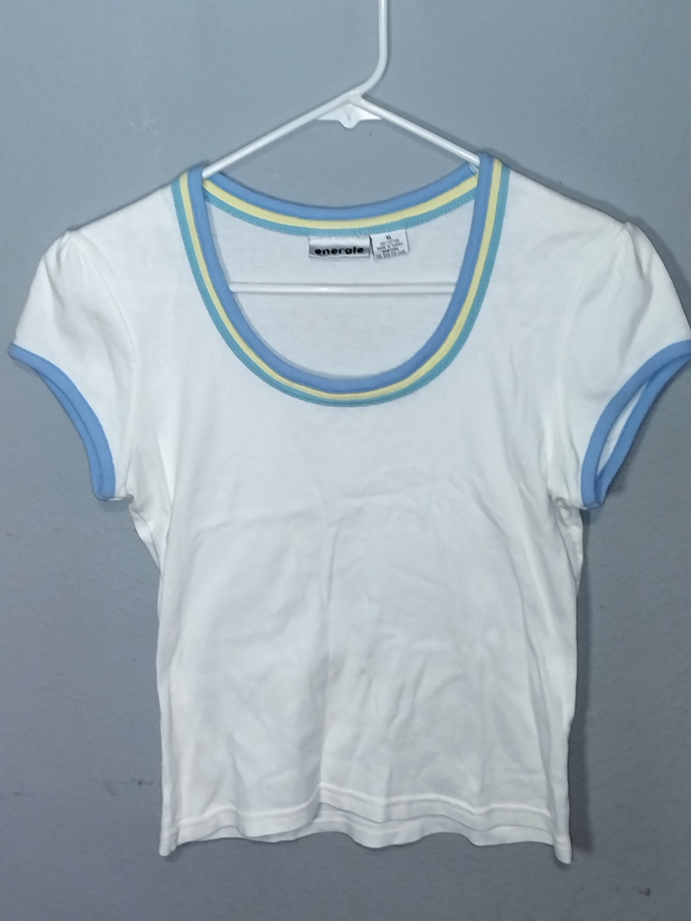 Vintage Y2K Energie White Short-Sleeve Ringer Tee with Blue & Yellow Trim
